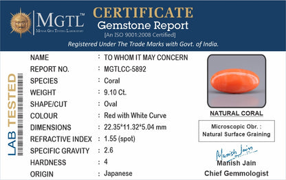 Red Coral - 9.10 Carats (Moonga - 9.92 Ratti)