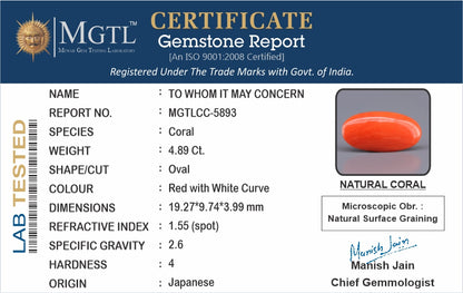 Red Coral - 4.89 Carats (Moonga - 5.33 Ratti)