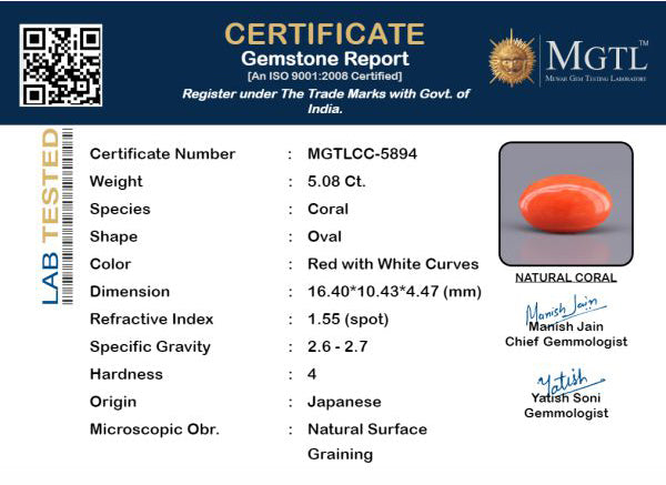 Red Coral - 5.08 Carats (Moonga - 5.54 Ratti)