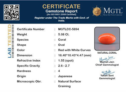 Red Coral - 5.08 Carats (Moonga - 5.54 Ratti)