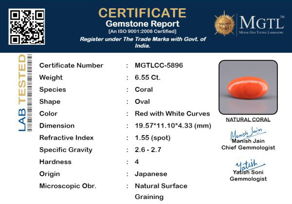 Red Coral - 6.55 Carats (Moonga - 7.14 Ratti)