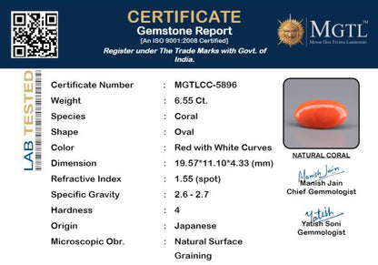 Red Coral - 6.55 Carats (Moonga - 7.14 Ratti)