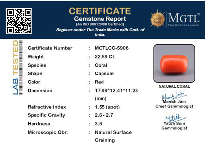 Red Coral - 22.59 Carats (Moonga - 24.62 Ratti)