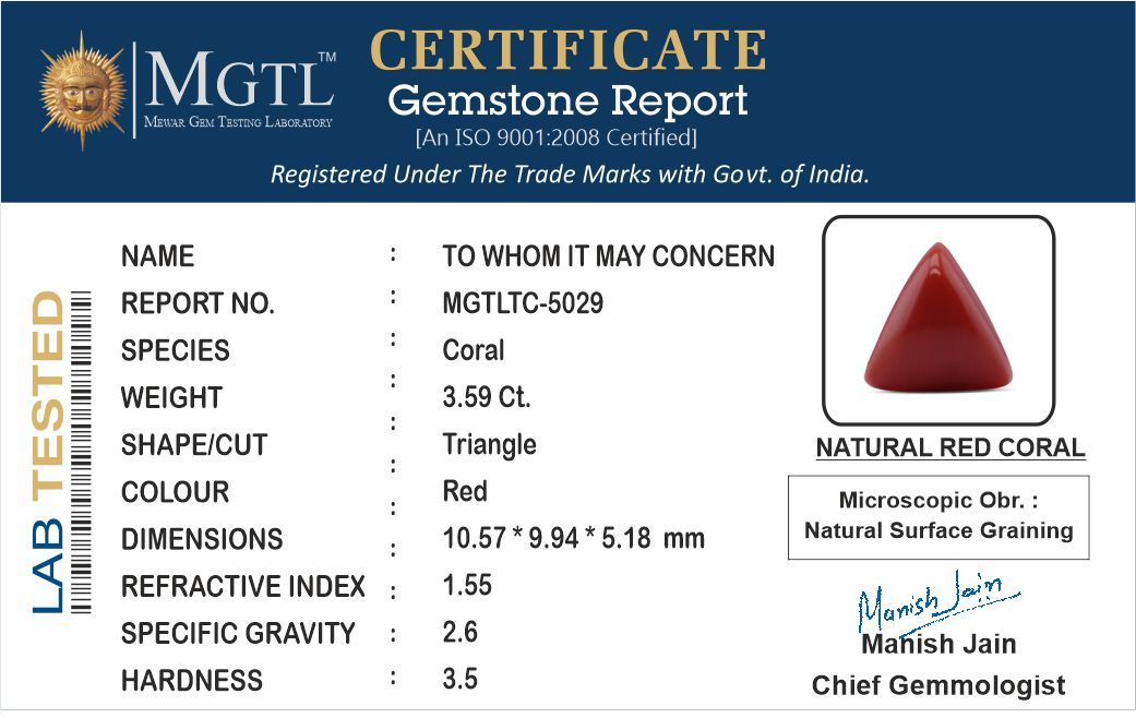 Red Coral - 3.59 Carats (Moonga - 3.91 Ratti)