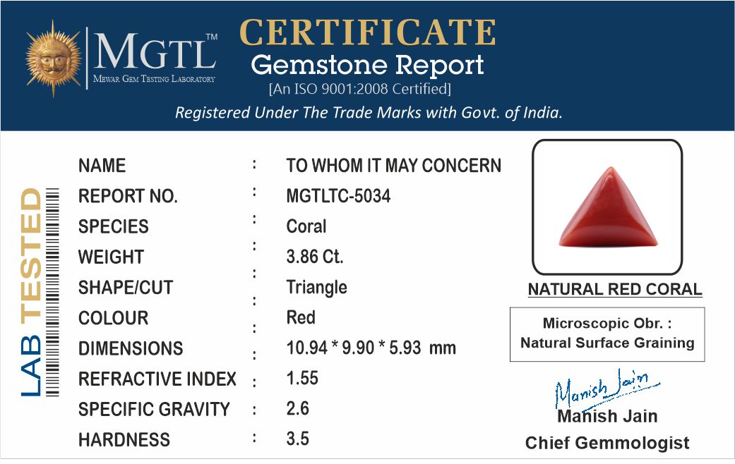 Red Coral - 3.86 Carats (Moonga - 4.21 Ratti)