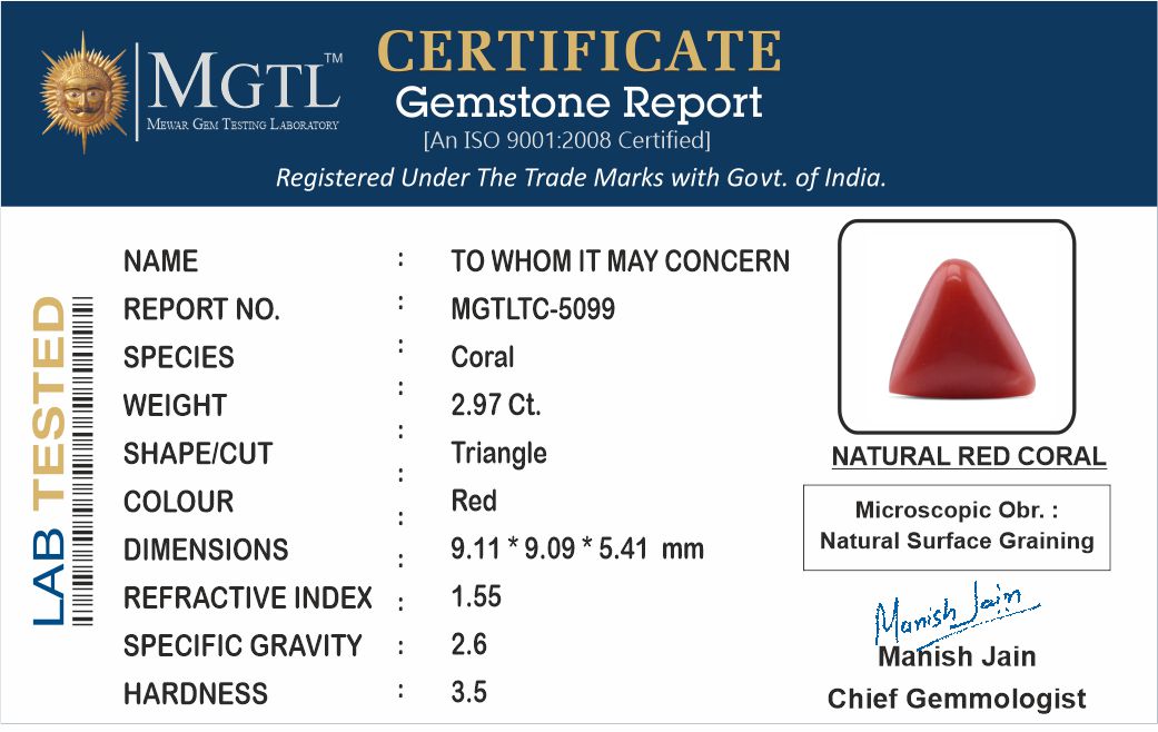 Red Coral - 2.97 Carats (Moonga - 3.24 Ratti)