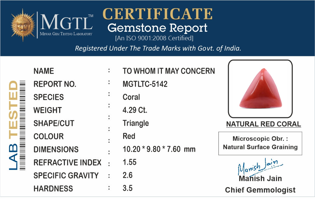 Red Coral - 4.29 Carats (Moonga - 4.68 Ratti)
