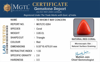 Red Coral - 3.85 Carats (Moonga - 4.20 Ratti)