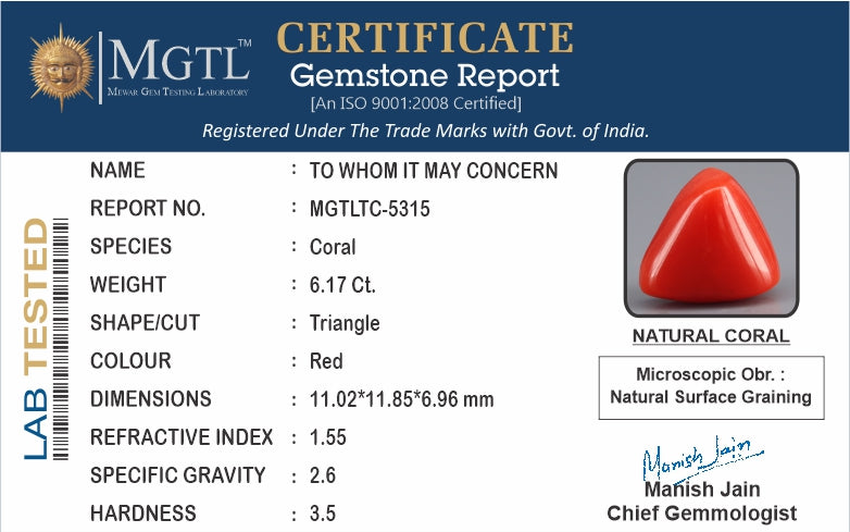 Red Coral - 6.17 Carats (Moonga - 6.73 Ratti)