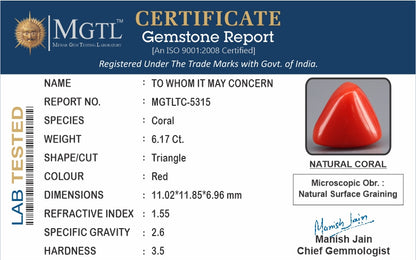 Red Coral - 6.17 Carats (Moonga - 6.73 Ratti)