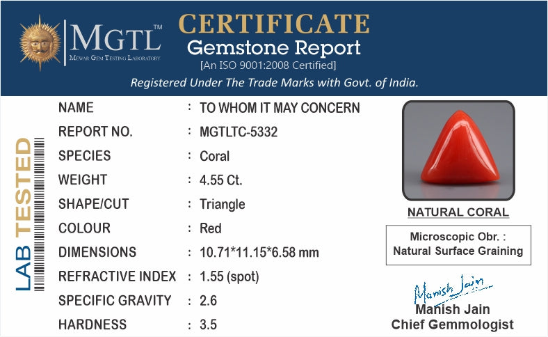 Red Coral - 4.55 Carats (Moonga - 4.96 Ratti)