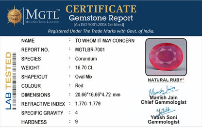 Ruby - 16.70 Carats (Manik - 18.20 Ratti)