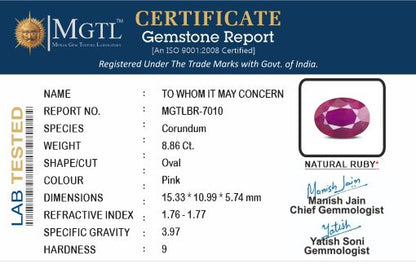 Ruby - 8.86 Carats (Manik - 9.66 Ratti)