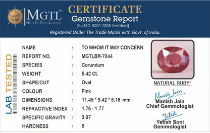 Ruby - 5.42 Carats (Manik - 5.91 Ratti)