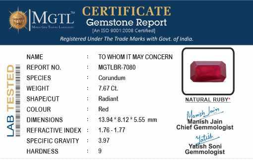 Ruby - 7.67 Carats (Manik - 8.36 Ratti)