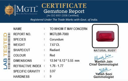 Ruby - 7.67 Carats (Manik - 8.36 Ratti)