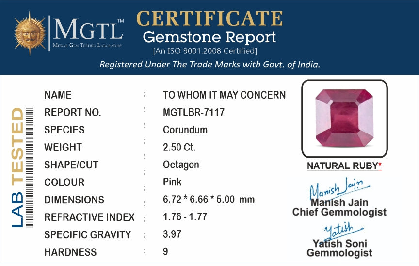 Ruby - 2.50 Carats (Manik - 2.73 Ratti)