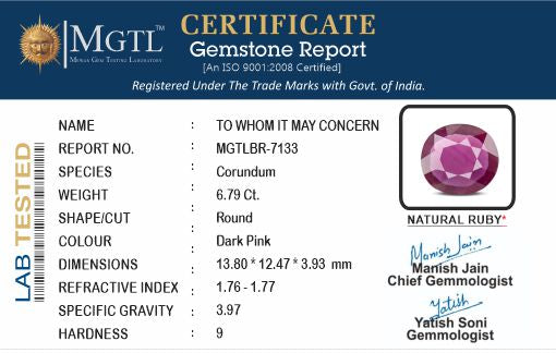 Ruby - 6.79 Carats (Manik - 7.40 Ratti)