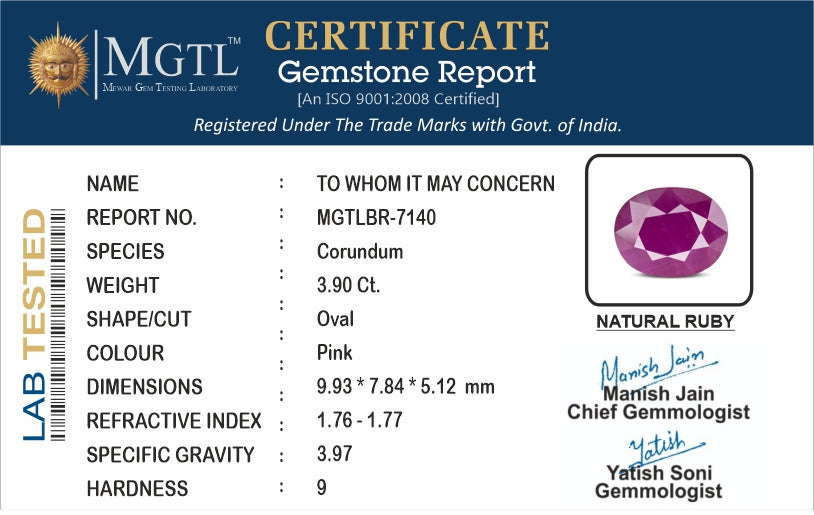 Ruby (Manik) - 3.90 Carats