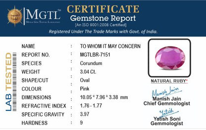 Ruby - 3.04 Carats (Manik - 3.31 Ratti)