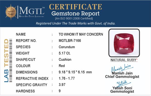 Ruby - 5.17 Carats (Manik - 5.64 Ratti)