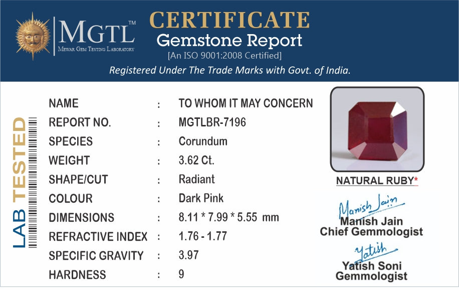 Ruby - 3.62 Carats (Manik - 3.95 Ratti)