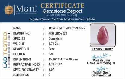 Ruby - 6.74 Carats (Manik - 7.35 Ratti)