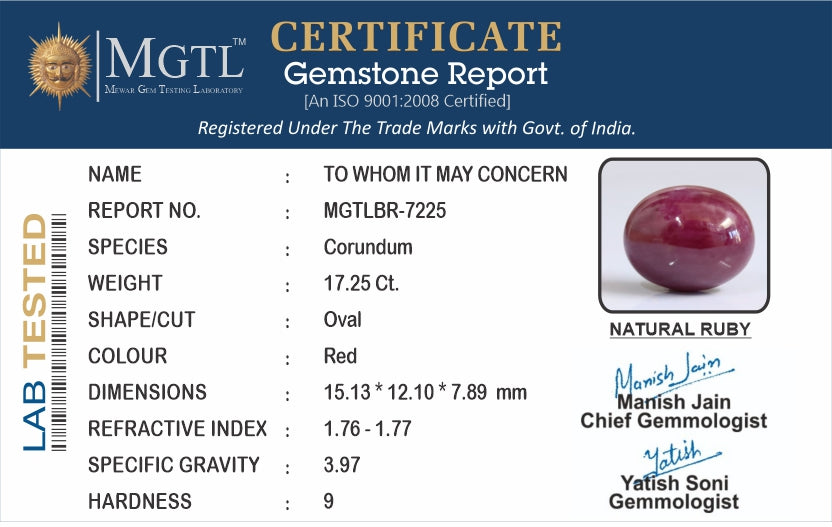 Ruby - 17.25 Carats (Manik - 18.80 Ratti)
