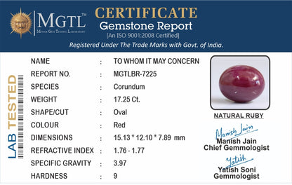 Ruby - 17.25 Carats (Manik - 18.80 Ratti)