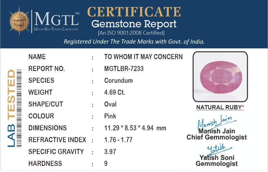 Ruby - 4.69 Carats (Manik - 5.11 Ratti)