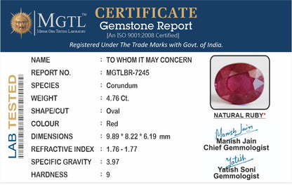 Ruby - 4.76 Carats (Manik - 5.19 Ratti)