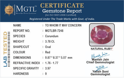Ruby - 3.78 Carats (Manik - 4.12 Ratti)