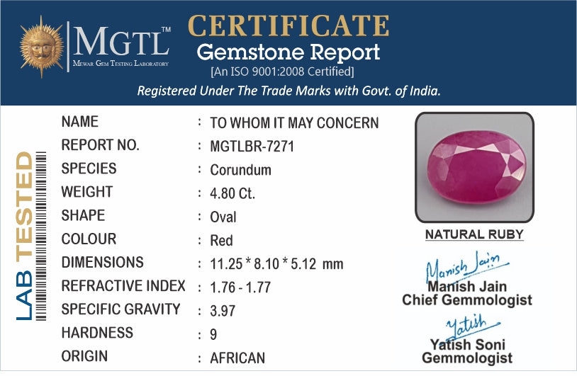 Ruby - 4.80 Carats (Manik - 5.23 Ratti)