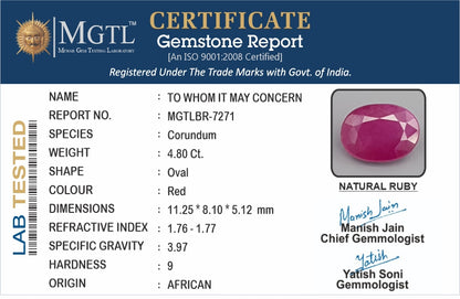 Ruby - 4.80 Carats (Manik - 5.23 Ratti)