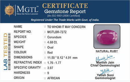 Ruby - 4.68 Carats (Manik - 5.10 Ratti)