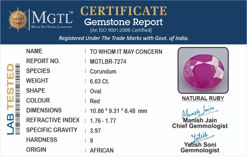 Ruby - 6.63 Carats (Manik - 7.23 Ratti)