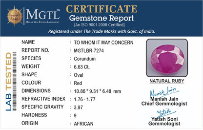 Ruby - 6.63 Carats (Manik - 7.23 Ratti)