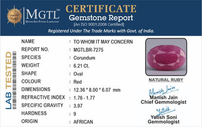 Ruby - 6.21 Carats (Manik - 6.77 Ratti)