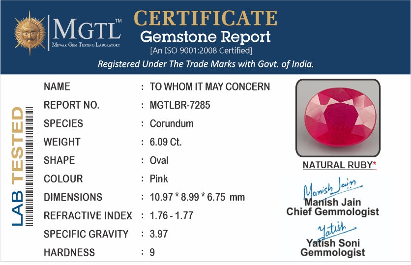 Ruby - 6.09 Carats (Manik - 6.64 Ratti)