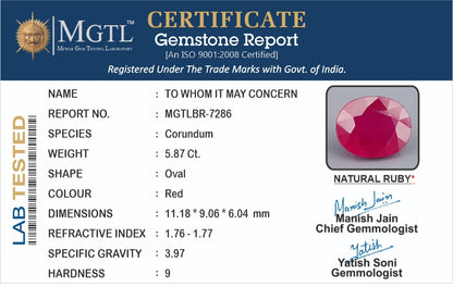 Ruby - 5.87 Carats (Manik - 6.40 Ratti)