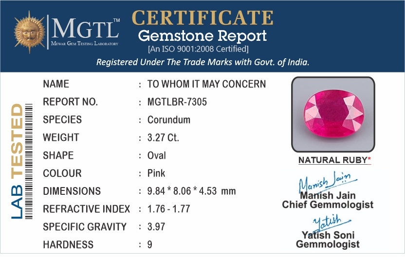 Ruby - 3.27 Carats (Manik - 3.56 Ratti)