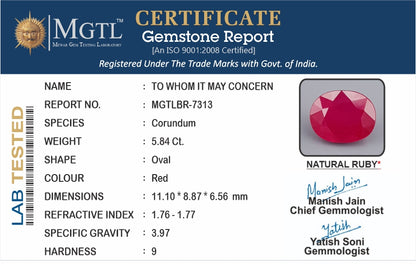 Ruby - 5.84 Carats (Manik - 6.37 Ratti)