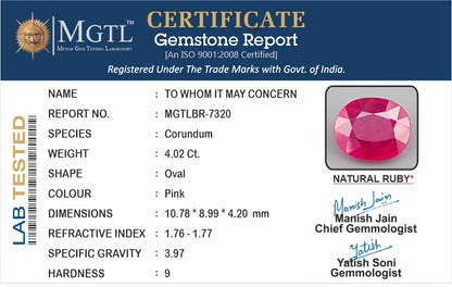 Ruby - 4.02 Carats (Manik - 4.38 Ratti)