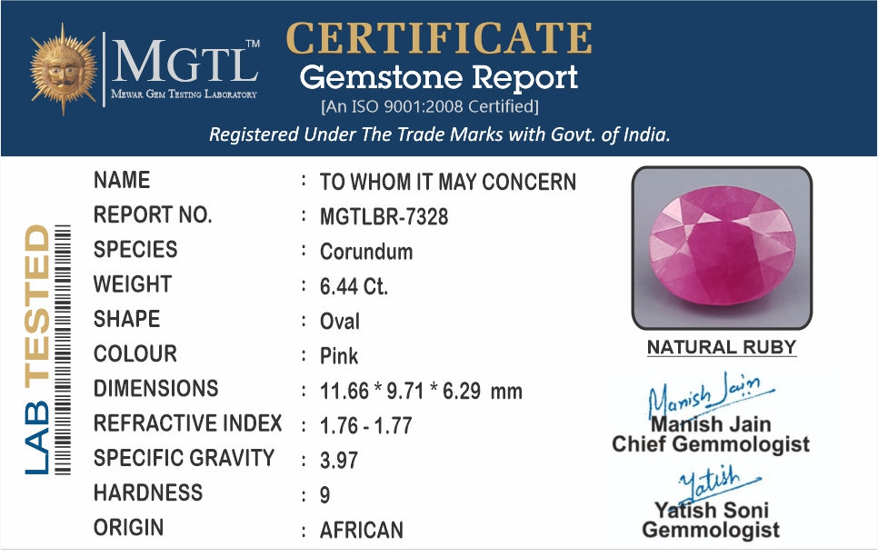 Ruby - 6.44 Carats (Manik - 7.02 Ratti)