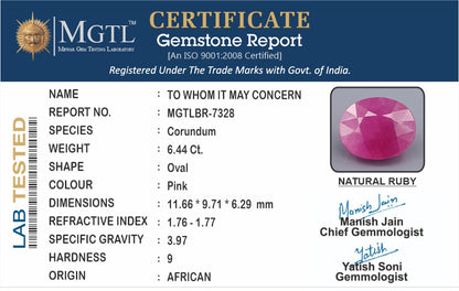 Ruby - 6.44 Carats (Manik - 7.02 Ratti)