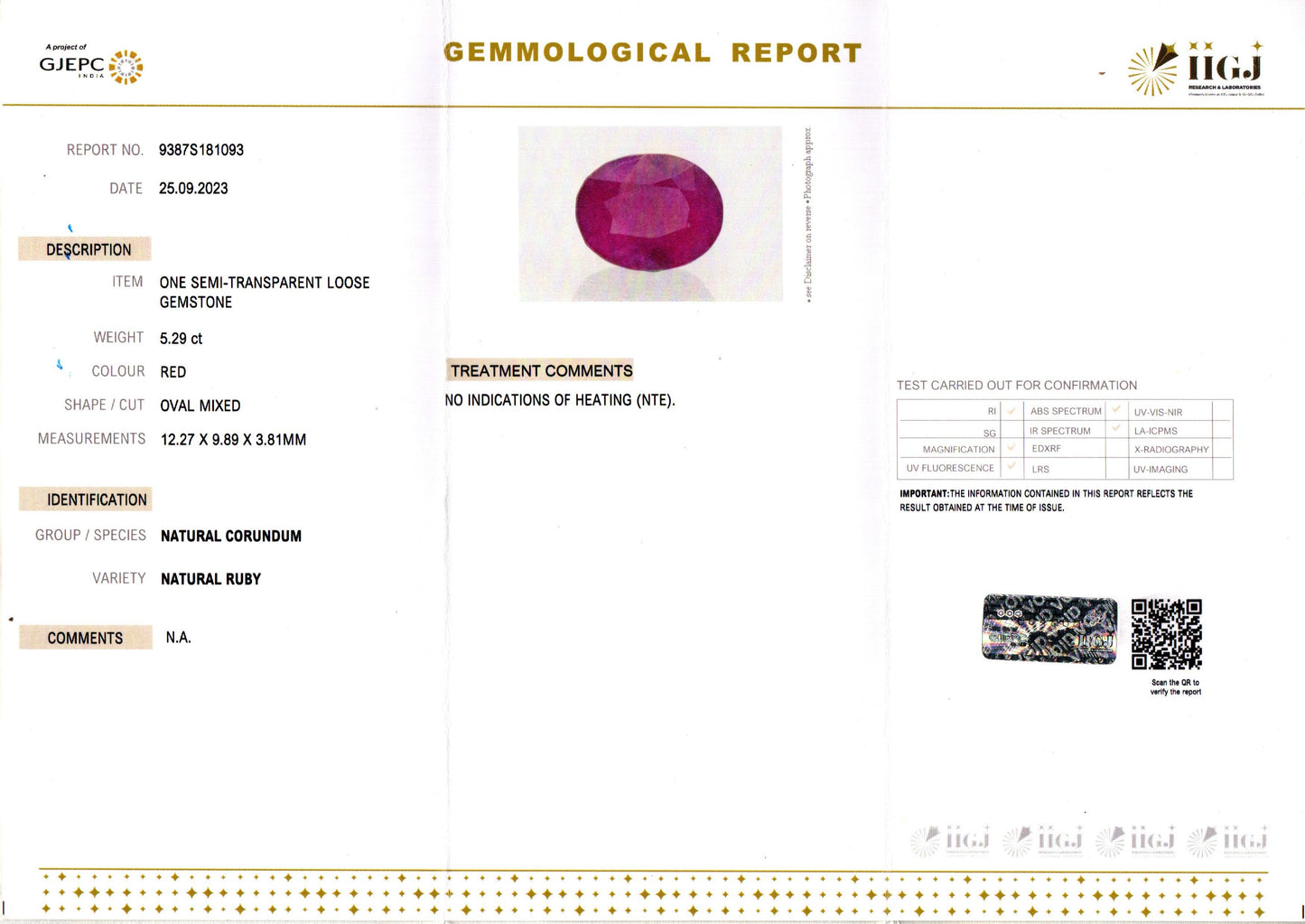 Ruby - 5.29 Carats (Manik - 5.77 Ratti)