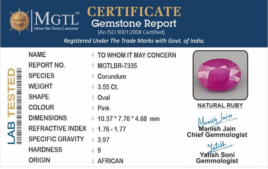 Ruby - 3.55 Carats (Manik - 3.87 Ratti)