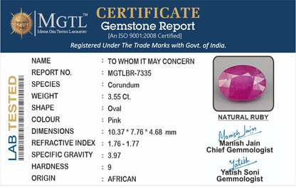 Ruby - 3.55 Carats (Manik - 3.87 Ratti)