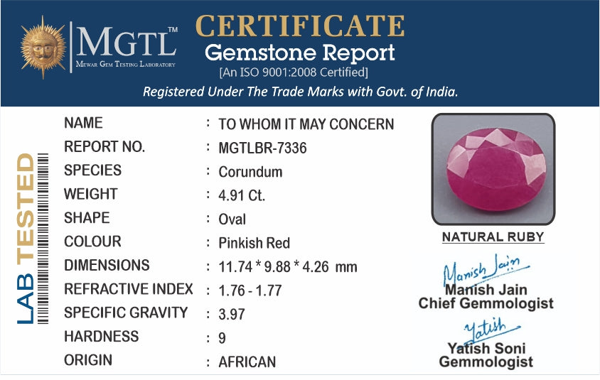 Ruby - 4.91 Carats (Manik - 5.35 Ratti)