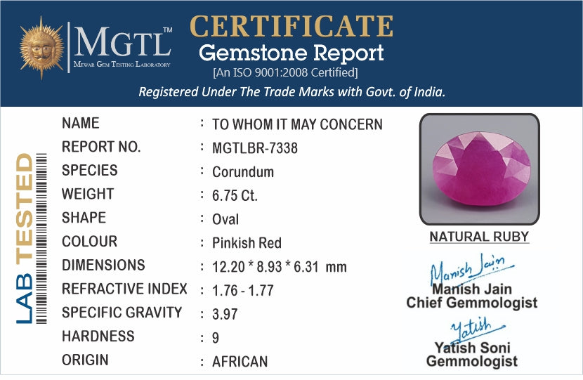 Ruby - 6.75 Carats (Manik - 7.36 Ratti)